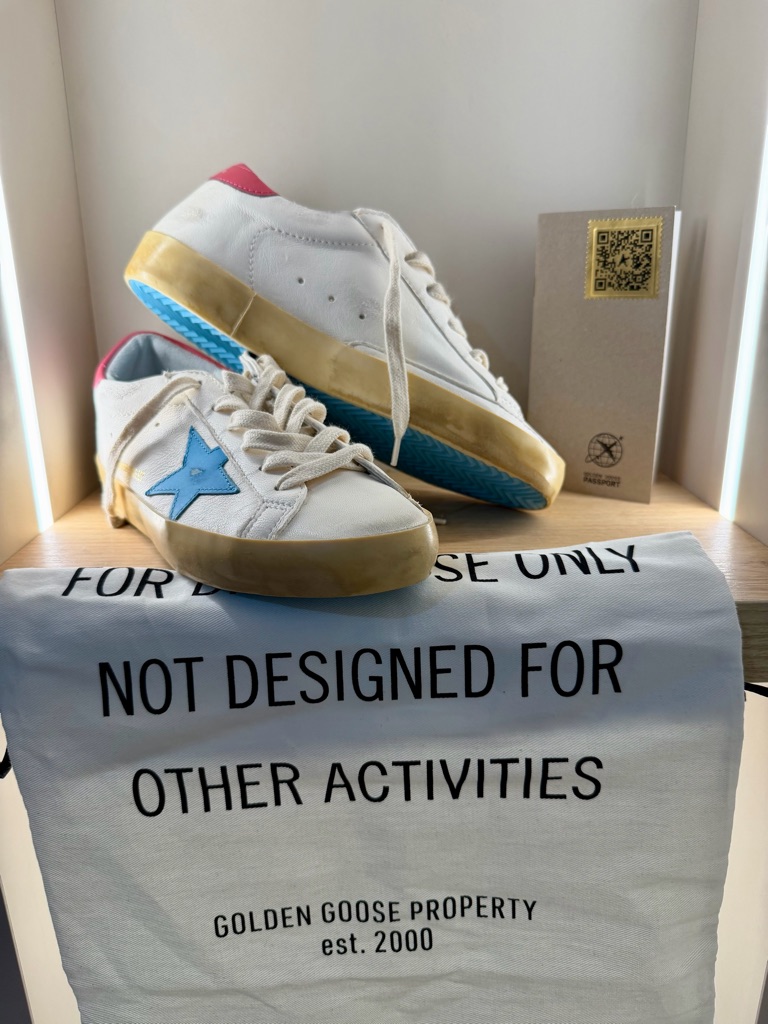 Golden Goose Kids White Leather Sneakers With Blue Star And Pink Heel